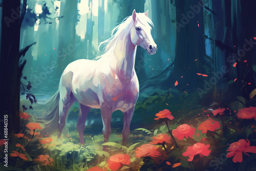 painting style landscape background  a horse in the forest