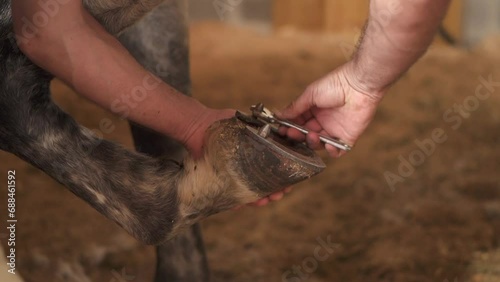Close up slow motion clip of a caretaker repairing a horses hoofs  photo