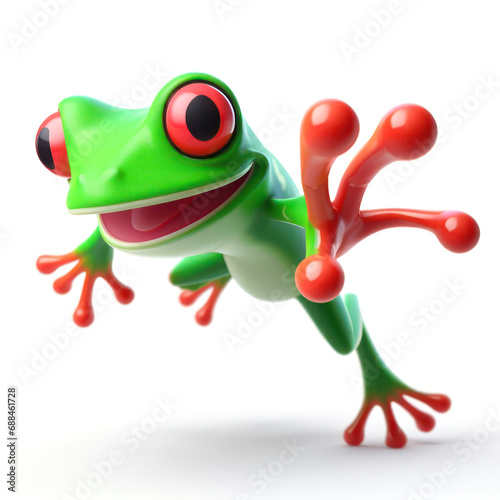 illustration of a funny red eyed tree frog jumping and reaching for camera