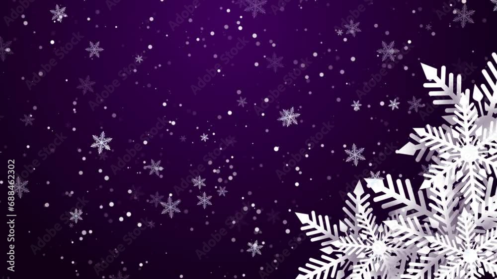 Christmas purple background with small white flying snowflakes. Corner frame with 3D snowflake ornament in style of cut paper. Looped winter animation.