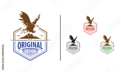 Mountains logo emblem vector illustration. Mountains and flying eagle silhouettes shirt, Outdoor adventure expedition, print stamp. Vintage typography badge design.