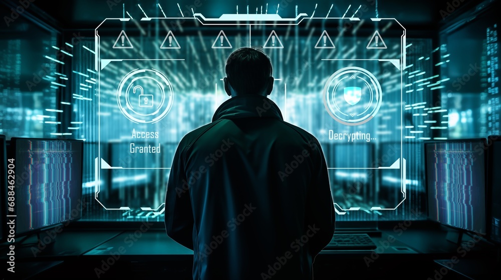 A hacker stand in front of a big glowing hologram screen with access granted message. Data Breach. Cybersecurity.