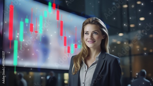 a businesswoman standing in front of a hologram stock chart