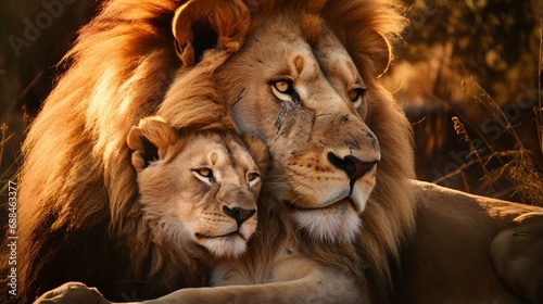 This proud male aftican lion is cuddled by his cub during an affectionate moment.