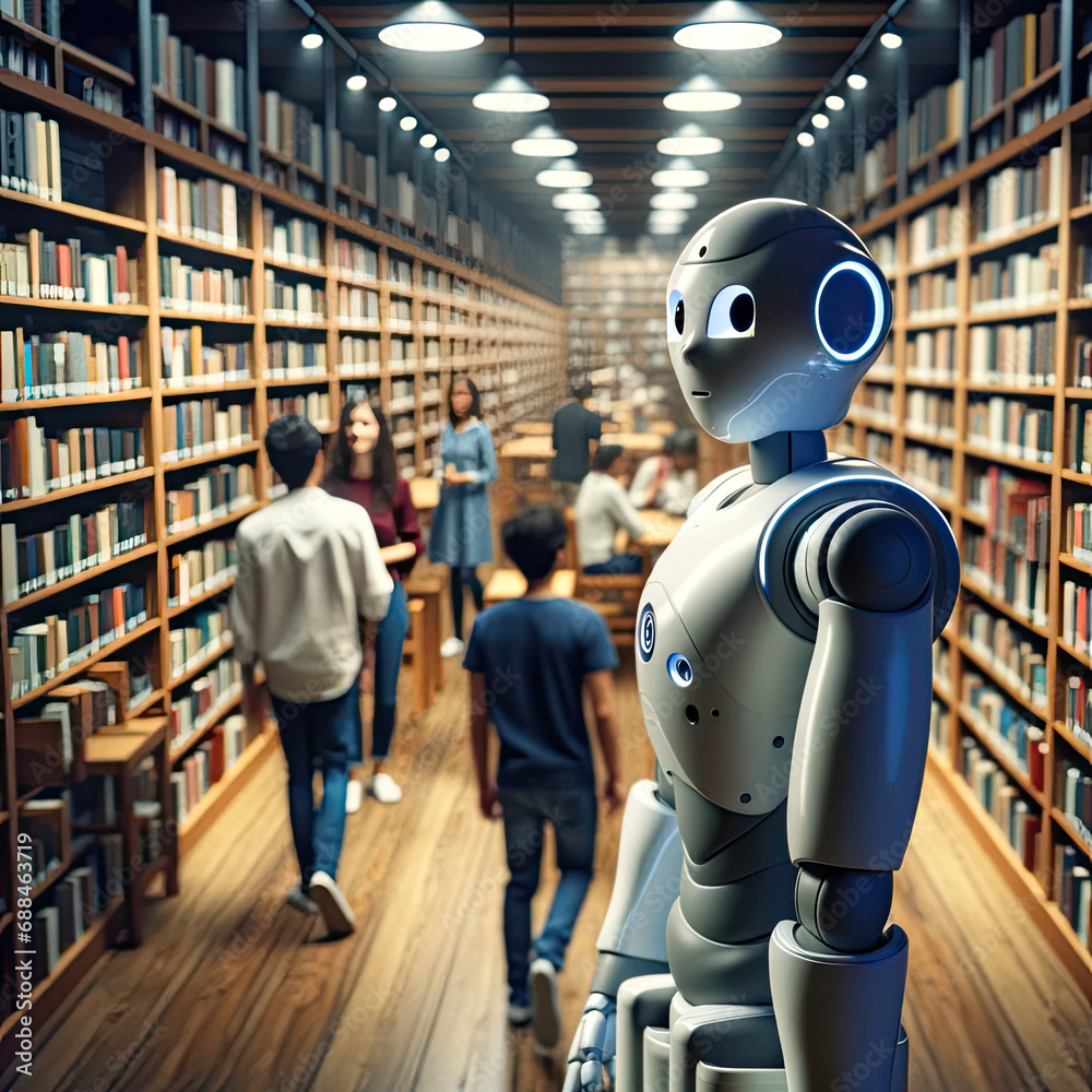 Humanoid robot at a local library, helping people find books and resources