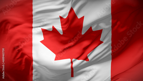 Close-up view of Canada national flag fluttering in the wind.