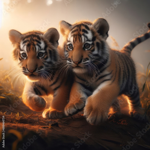 two tiger cubs prowling and learning to hunt
