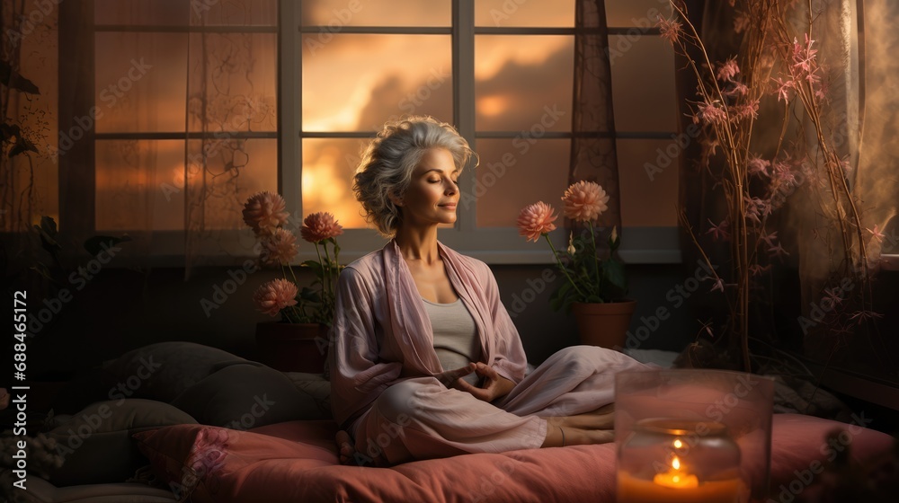 Healthy elderly woman practicing yoga in bed Healthy elderly woman practicing yoga in bed