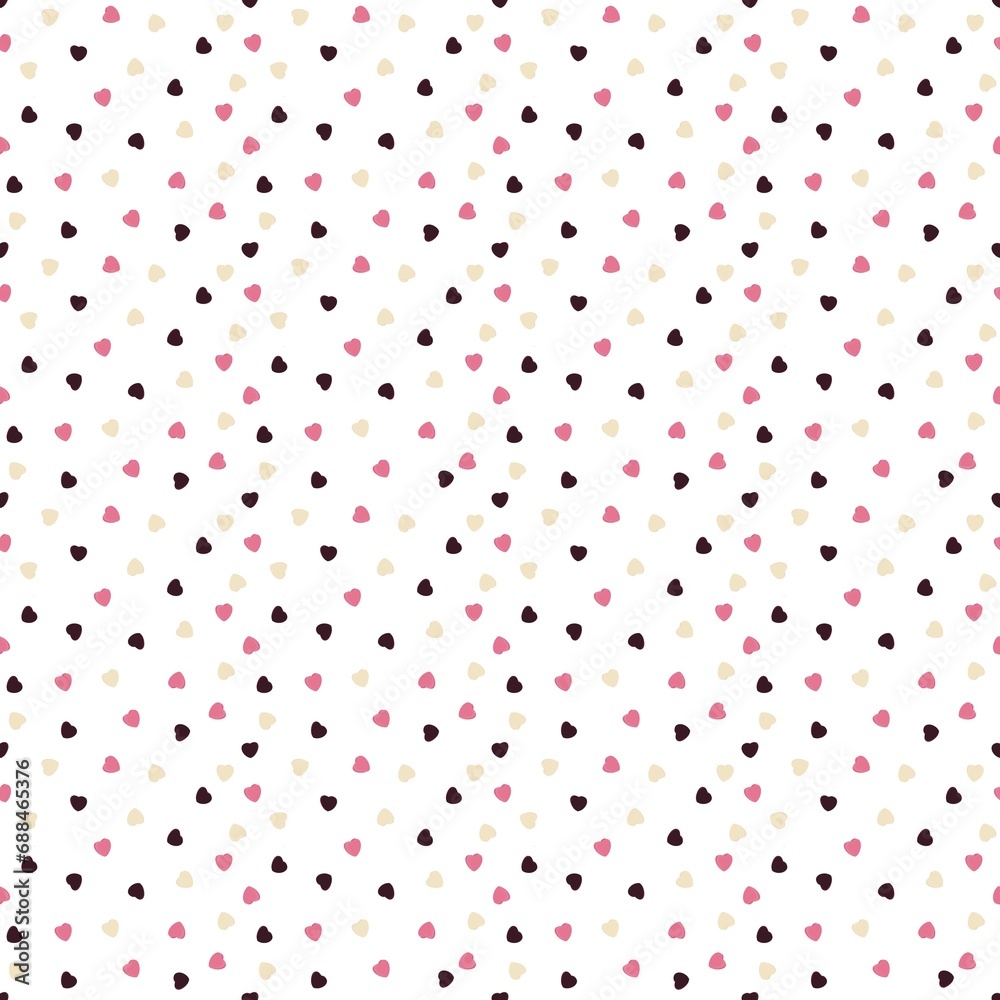 A pattern of small hearts of pink, brown and , beige color on a white background.