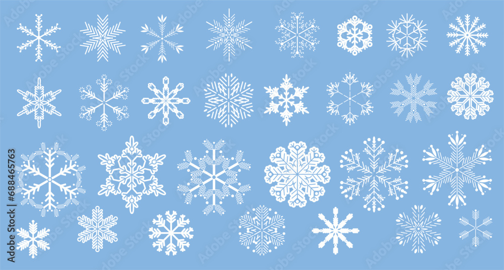 Merry Christmas and Happy New Year holiday design Snowflakes icon set template background for home decor, christmas market, cover, greeting card, web banner, business card Vector flat illustration Merry Christmas and Happy New Year holiday design Snowflakes icon set template background for home decor, christmas market, cover, greeting card, web banner, business card Vector flat illustration