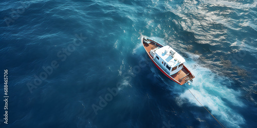 Speed boat floating turquoise water a read boad in a water and going to fast speed and make a waters layers with blue water background and sun light © Nabeel