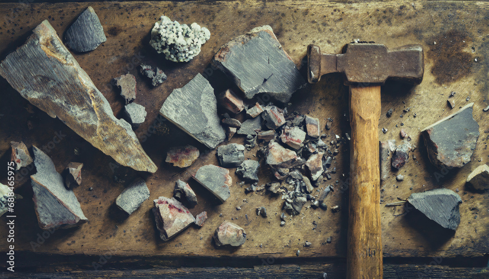 Hammer and crushed ore on workbench, top view 02 Hammer and crushed ore on workbench, top view 02