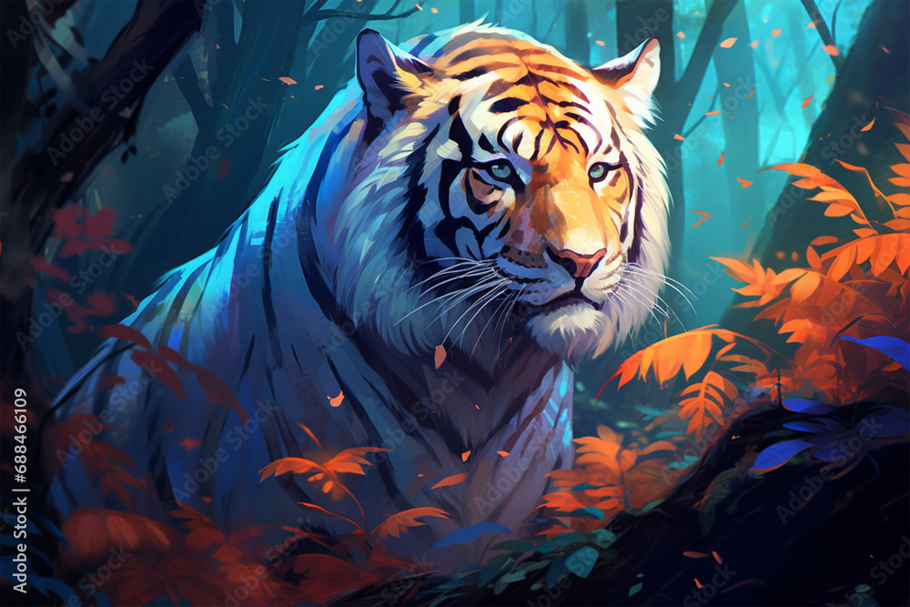 painting style landscape background, a tiger in the forest