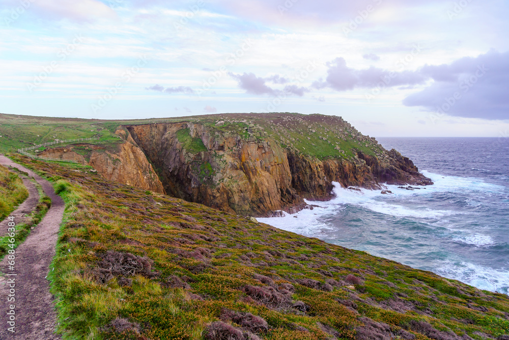 Sunset view of the Lands End coastline landscape, Cornwall Sunset view of the Lands End coastline landscape, Cornwall