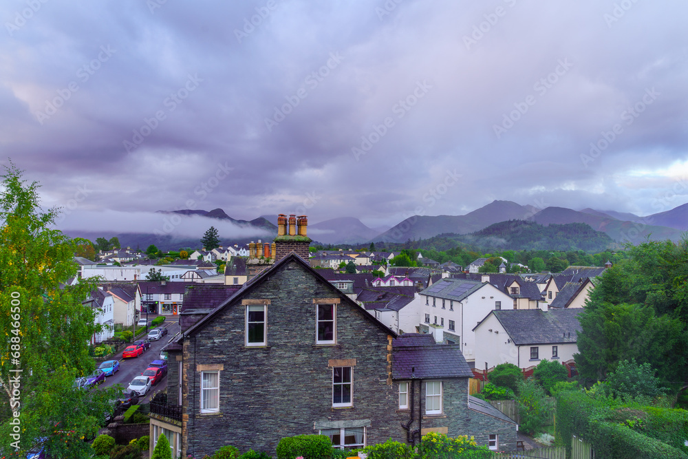 Sunrise view of streets and houses in Keswick