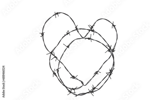 Barbed wire in the form of a heart on a transparent isolated background. PNG.