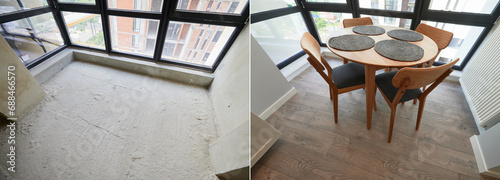 Comparison of old empty room and new renovated place with kitchen table, chairs, parquet floor and plastic window. Photo collage of modern apartment before and after renovation. photo