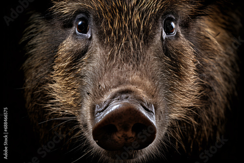 Close up of face of wild boar on dark background