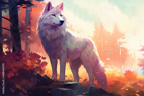 painting style landscape background, a wolf in the forest