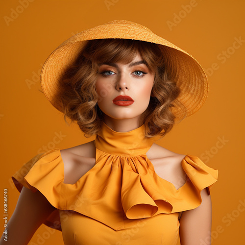 Beautiful model in yellow dress and hat on orange background, ai technology
