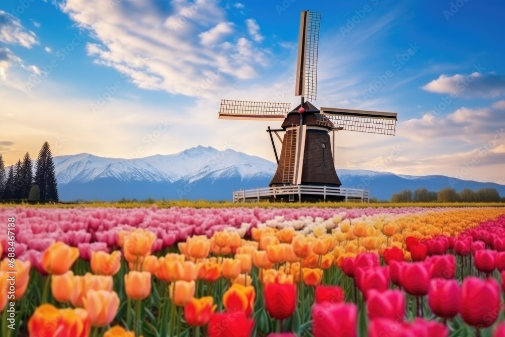 the windmills on the field with tulips