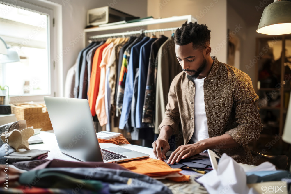 African male fashion designer working in his studio, using laptop, looking at cloth samples African male fashion designer working in his studio, using laptop, looking at cloth samples