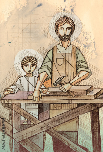 Jesus as child and Saint Joseph working as carpenters (ID: 688467105)