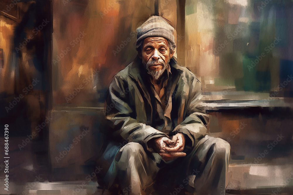 Homeless man on the streets of New York, portrait painted in watercolor on textured paper. Digital Watercolor Painting