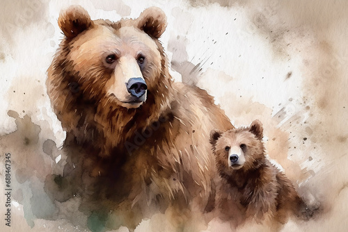 Two bears large and small, a bear with a cub painted in watercolor on textured paper. Digital watercolor painting