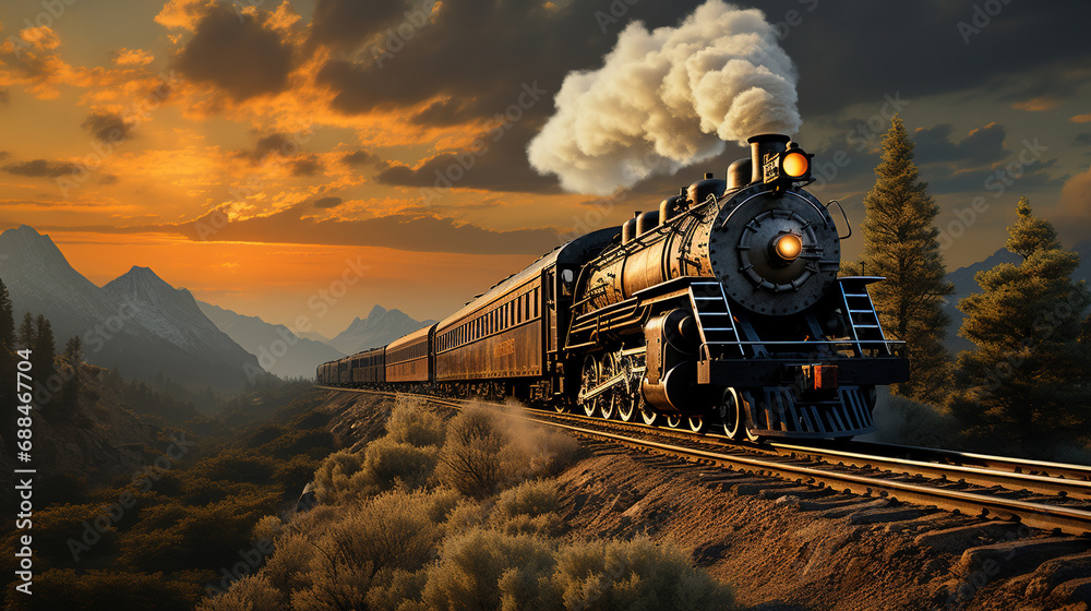 The Massive Steam Locomotive Belches Smoke And Steam As It Chugs Down The Tracks Its Steel Wheels Screeching Against The Rails Background - obrazy, fototapety, plakaty 