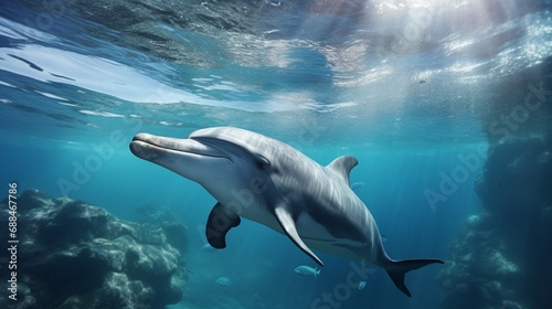 Underwater splitted by waterline postcard template. Bottlenose dolphin swimming under boat © Faisal Ai