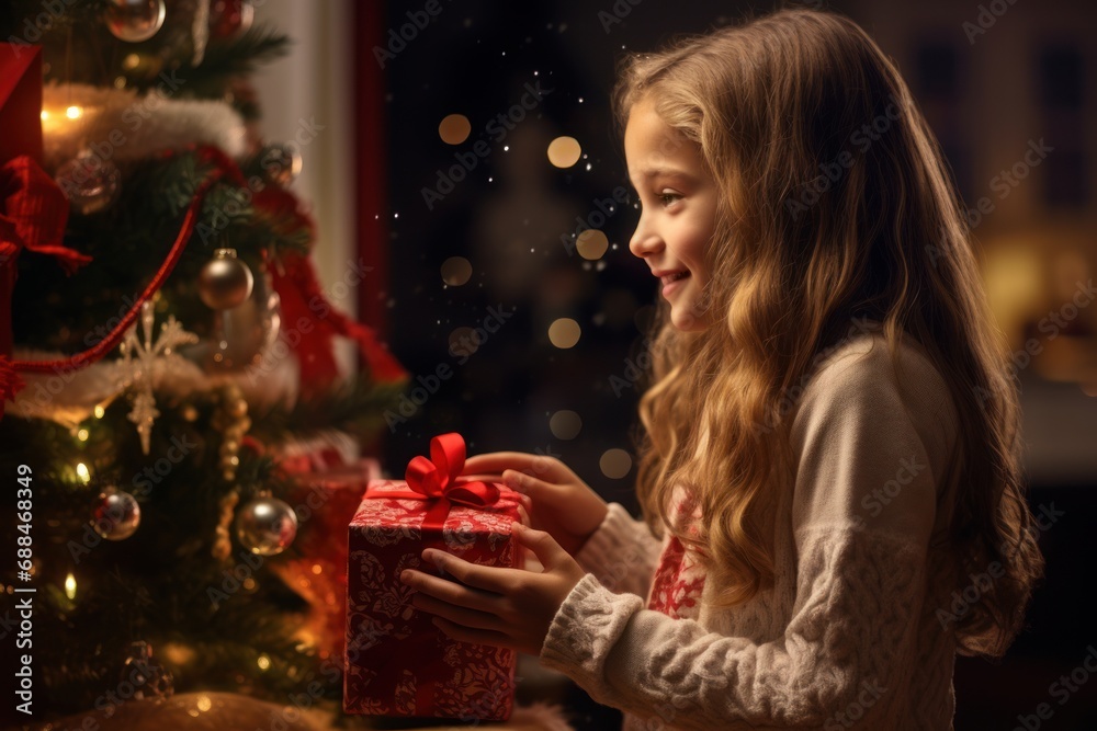 In a room aglow with Christmas cheer, a small girl beams with joy, cradling boxes of gifts near a beautifully adorned tree.