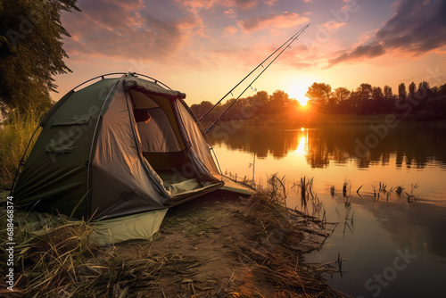 Close up of carp fishing tent and rods in background of lake and beautiful sunset. Lifestyle concept of holiday and hobby. photo