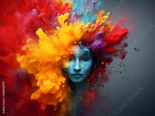 face of a girl made of multicolored holi paints