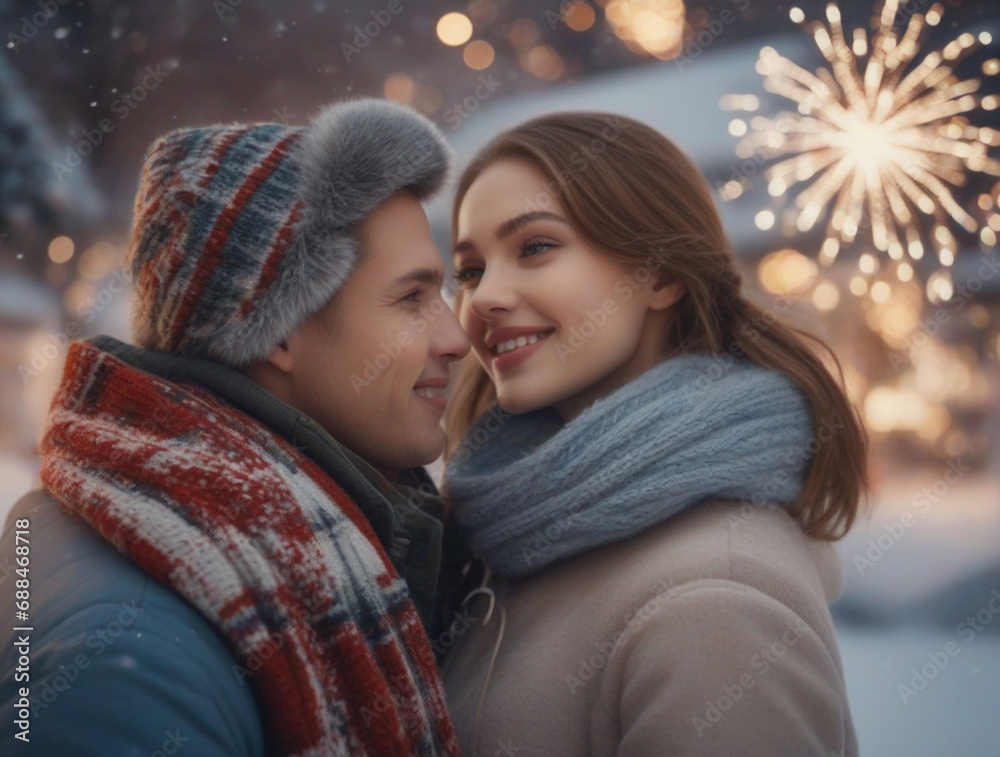 happy couple on christmas eve in winter happy couple on christmas eve in winter
