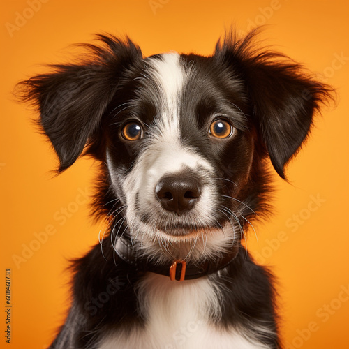 Cute dog on an isolated orange background, ai technology