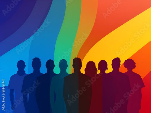 Diverse silhouettes against a rainbow, unity concept © Iryna
