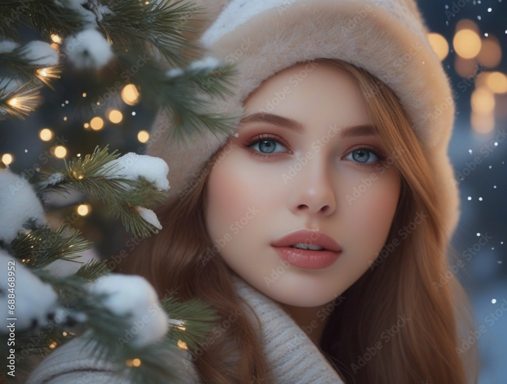 beautiful woman with a Christmas tree in the background beautiful woman with a Christmas tree in the background