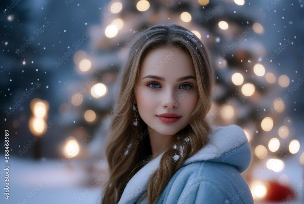 beautiful woman with a Christmas tree in the background beautiful woman with a Christmas tree in the background
