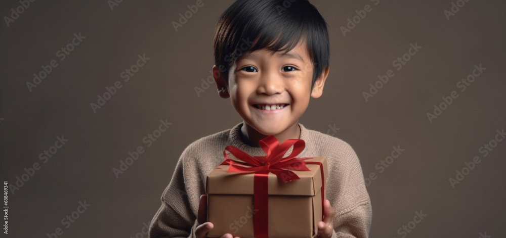 A nice young chinese boy happily surprised with a gift in his hands with a gray background A nice young chinese boy happily surprised with a gift in his hands with a gray background
