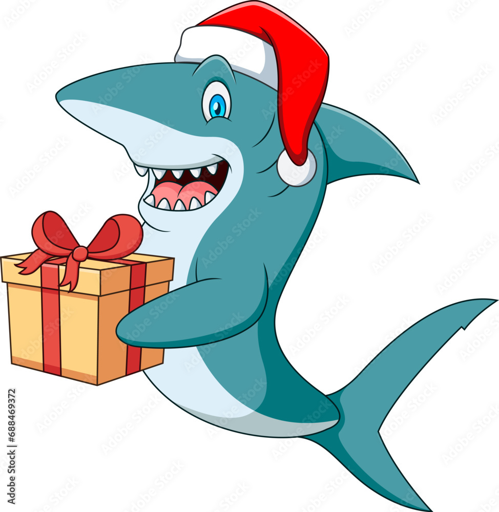 Naklejka premium Cute cartoon shark holding a gift box