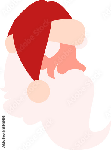 Red Pink Pop Art profile of Santa Claus face with lush white beard dressed in red cap. Flat Santa holiday icon. Christmas event element. Simple flat vector icon isolated on white background
