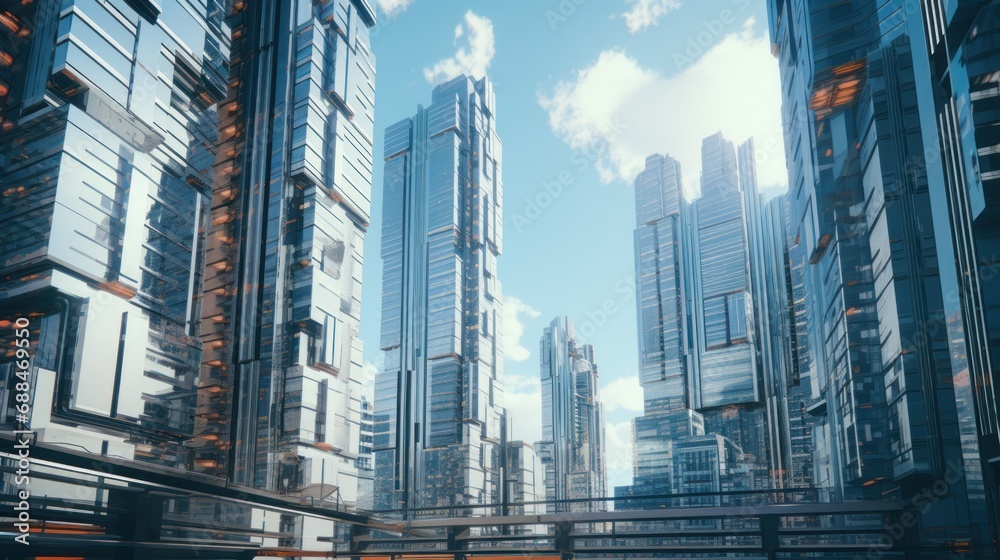 Cityscape of the future: uniquely structured skyscrapers in a light-colored urban environment.