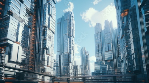 Cityscape of the future  uniquely structured skyscrapers in a light-colored urban environment.