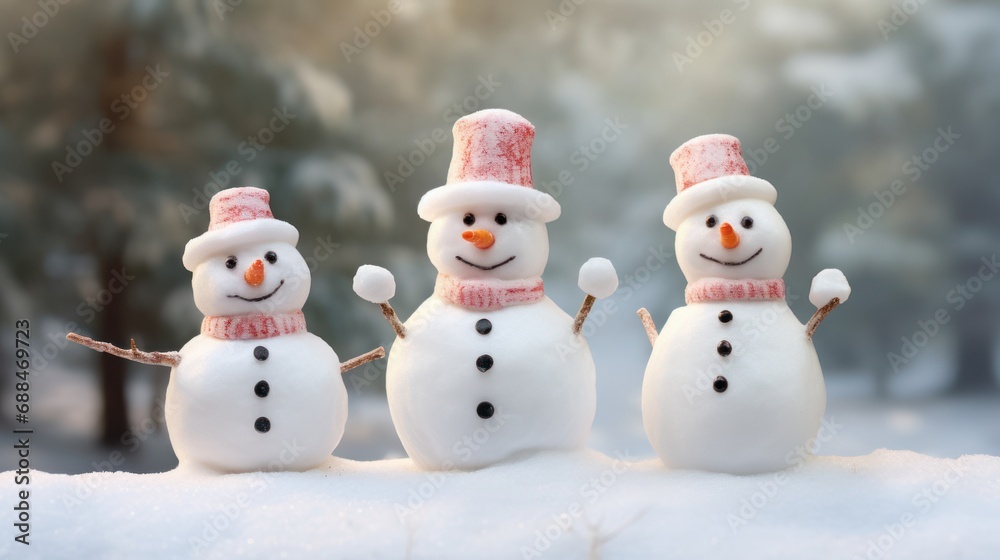 Three snowmen joyfully stand in the snow, surrounded by winter trees, creating a festive scene.