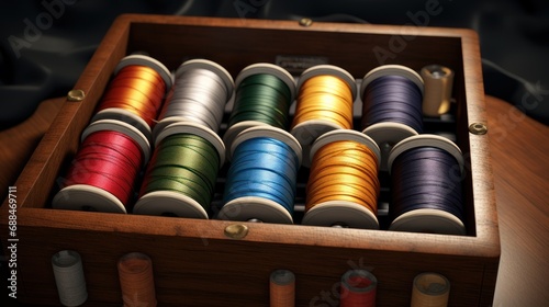 Bright threads in spools, neatly arranged in a box, open up a whole range of creative possibilities. photo