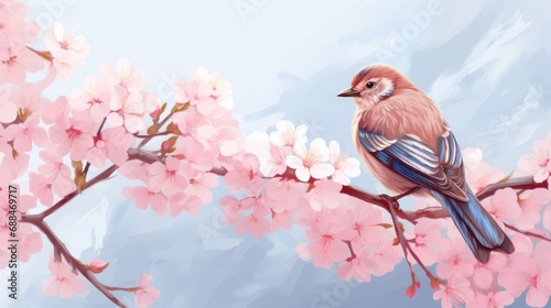 Soft pink and blue hues highlight a bird resting on a cherry blossom-laden branch.