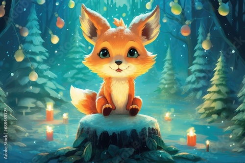 A New Year s card with a funny fox cub in a fabulous forest. fairy tales and Christmas.
