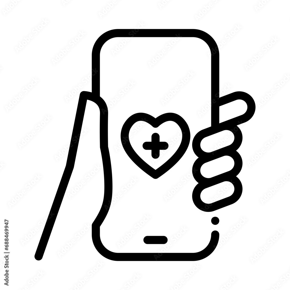 Hand-holding smartphone with health app. Health applications Hand-holding smartphone with health app. Health applications
