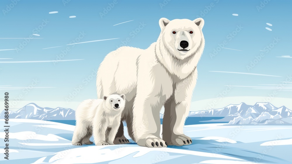 Arctic Embrace: A hand-drawn scene of a polar bear and cub against a backdrop of pristine white snow and serene blue skies.
